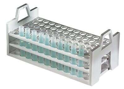 Test tubes and test-tube racks in a biology lab