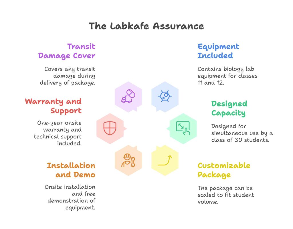 Labkafe assurance. The ISC Biology Lab Equipment Package includes all necessary Biology lab equipment, apparatus, and instruments required for class 11 and 12 practical as per the latest ISC syllabus. 

Designed by professionals for simultaneous use by a class of 30 students. 

The package is fully customizable, meaning that it can be scaled up or down as per student volume.

Package includes onsite installation and FREE OF COST demonstration of all lab equipment and apparatus.

LK-secured products covered under a one-year onsite warranty and technical support.

Covers any transit damage during delivery.