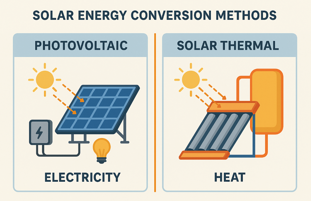 solar energy conversion methods- pv cells and solar thermal.