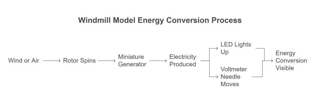 Windmill Model Energy Conversion Process showing how mechanical energy of wind is transformed into electricity and voltage.