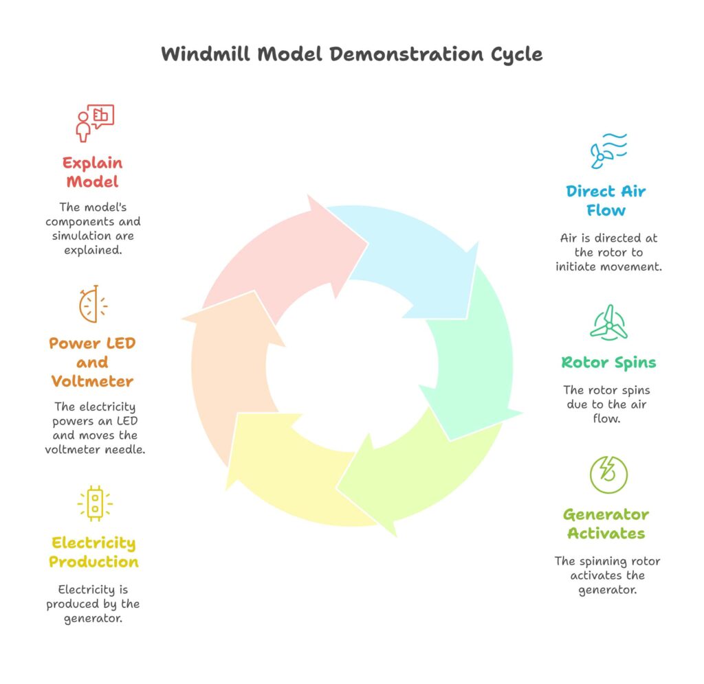 A circular diagram titled “Windmill Model Demonstration Cycle” shows six steps of how a windmill model works. The steps are:
Direct Air Flow – Air is aimed at the rotor.
Rotor Spins – The rotor spins from the airflow.
Generator Activates – The spinning rotor drives the generator.
Electricity Production – The generator produces electricity.
Power LED and Voltmeter – The electricity powers an LED and moves the voltmeter needle.
Explain Model – The components and simulation are introduced.
Each step is color-coded and placed in a clockwise sequence with icons beside each description.