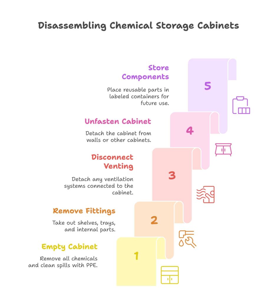 5 step chemical storage cabinet disassembly:
Empty the cabinet and dispose of any spills using appropriate PPE.
Remove shelves, trays, and internal fittings.
Disconnect any venting systems.
If mounted or stacked, unfasten from walls or cabinets.
Store all reusable components in labeled containers.