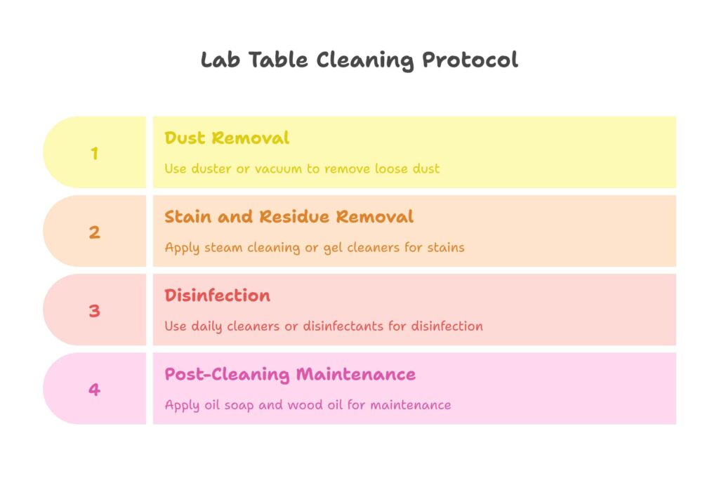Clean Lab Tables: Dust Removal, Stain Removal, Disinfection and Post-Process Maintenance.