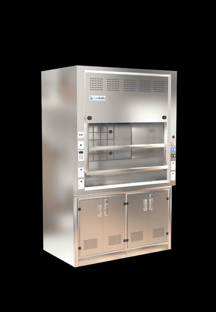 Fume hood with chemical storage cabinets made of stainless steel. Design by Labkafe.