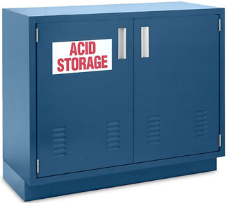 Acid storage cabinet: Lined with acid-resistant polyvinylidene fluoride (PVDF) or polyethylene
Removable back panel for venting
Must be installed under fume hoods to dissipate vapours
Removable containment sump
PVC venting kits available