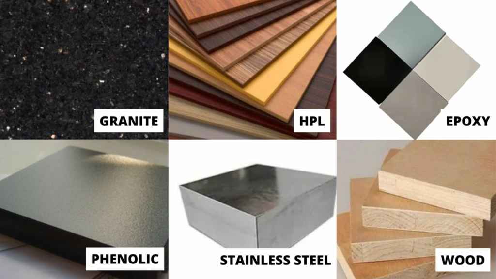 Types of worktops used in labs: Granite, High Pressure Laminate, Epoxy, Phenolic, Stainless Steel and Wood.