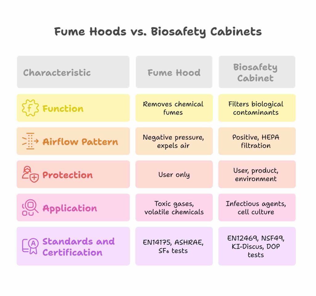 fume hood vs biosafety cabinets- 5 differences explained as infographic.
Function
Fume Hood: Removes hazardous chemical fumes and vapors.
Biosafety Cabinet (BSC): Filters biological contaminants like bacteria and viruses.
Airflow Pattern
Fume Hood: Uses negative pressure, drawing air from the lab and expelling it outside.
Biosafety Cabinet: Uses positive, unidirectional airflow with HEPA filtration to maintain a sterile environment.
Type of Protection
Fume Hood: Protects only the user from chemical hazards.
Biosafety Cabinet: Protects the user, product, and environment from biological hazards.
Application
Fume Hood: Used for handling toxic gases, volatile chemicals, corrosives, and flammables.
Biosafety Cabinet: Used for infectious agents, cell culture, and biosafety level (BSL) 1–3 work.
Standards and Certification
Fume Hood: Complies with EN14175, ASHRAE, and undergoes SF₆ containment and airflow tests every 12–14 months.
Biosafety Cabinet: Complies with EN12469, NSF49, and is certified using KI-Discus and DOP tests, with testing recommended every 14 months and optional DOP checks every 6 months.
