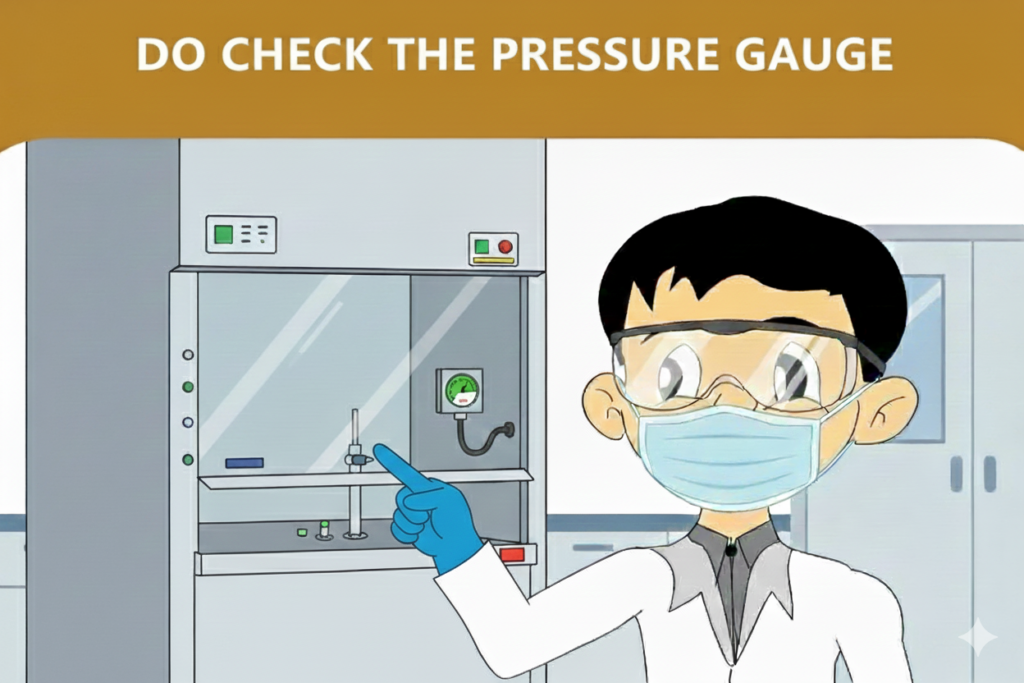 Check the Pressure gauge of the fume cabinet.