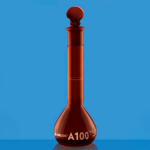 Borosil 5653A09 Flasks, Volumetric, Wide neck, with I/c stopper, Amber